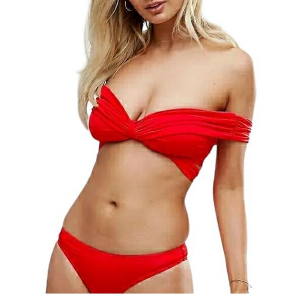 ASOS Swim Bardot off the shoulder red bikini set wrap top 34DD / E bottoms Sz 10 - Picture 3 of 9